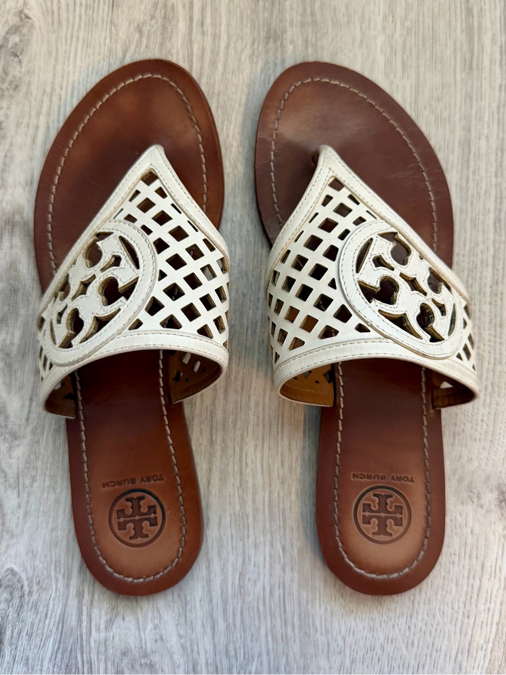 Tory Burch - White Weave Basket Cutout Leather Slide Sandals w/ Brown Footbed